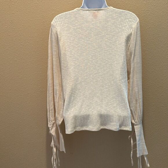 Zara Cream sweater ribbed knit long balloon linen sleeves tie shirt size‎ medium - Picture 7 of 10